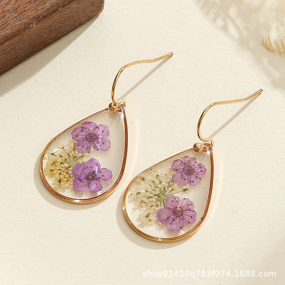 Wholesale transparent camellia dried flower water drop flower earrings